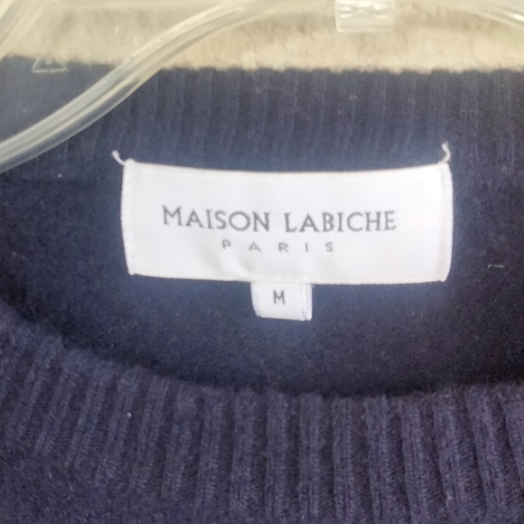 Mason Labiche Blue and White 100% Merino Wool Crew Neck Sweater - Picture 3 of 5